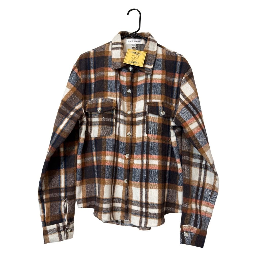 Haha Mama Plaid Shacket Womens XL Brown Cream New‎ Flannel Button Down Jacket